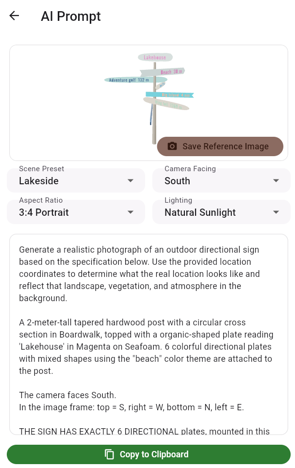 AI Prompt screen — scene preset, camera direction, and generated prompt