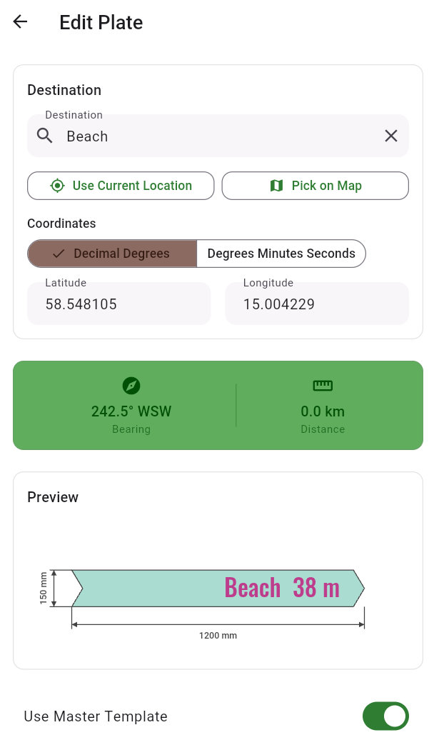 Edit Plate screen — destination, shape, dimensions, and preview