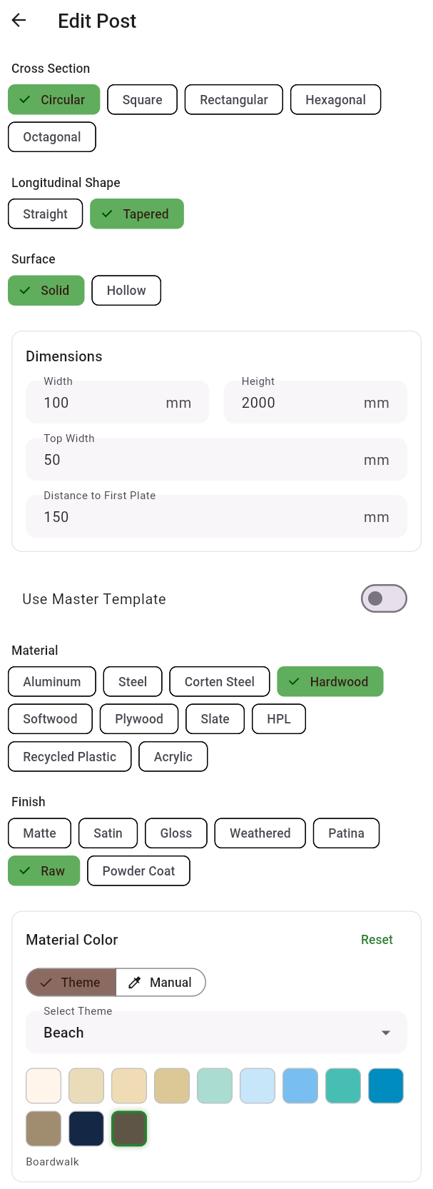 Edit Post screen — height, width, cross-section shape, and material