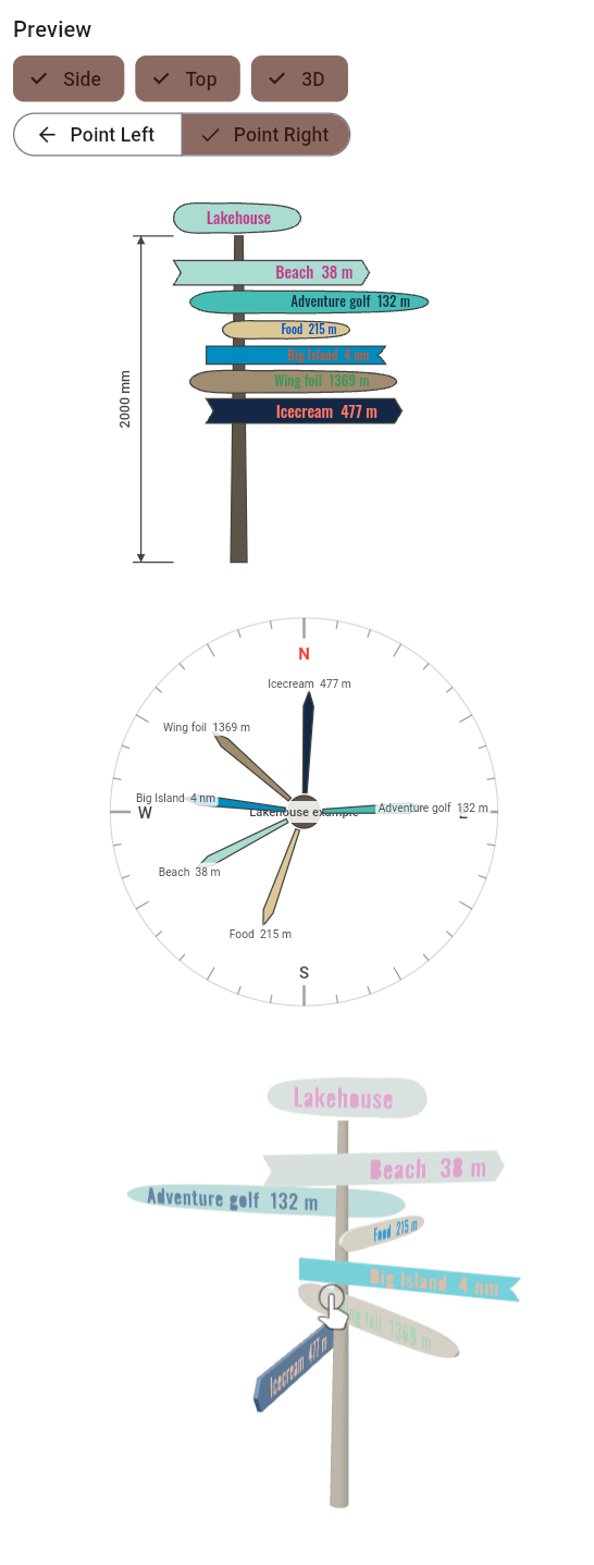 Sign preview — 2D side, top-down compass, and 3D views