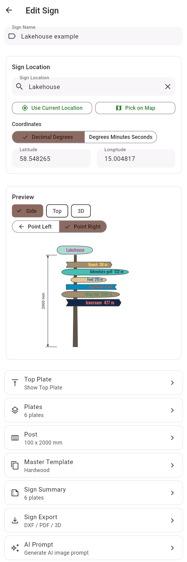 Edit Sign screen — sign name, location, coordinates, and preview