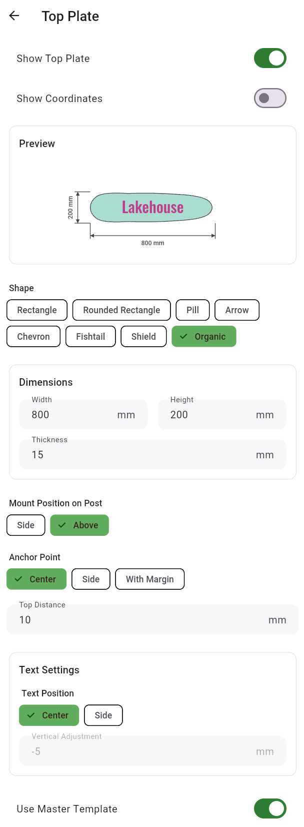 Edit Top Plate screen — dimensions, mount position, and coordinates
