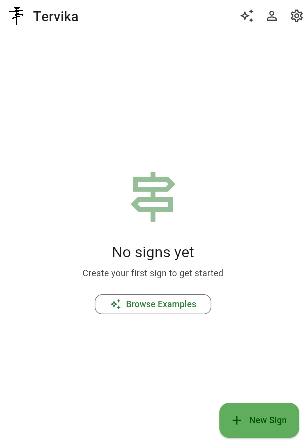 Empty signs list with New Sign and Browse Examples buttons