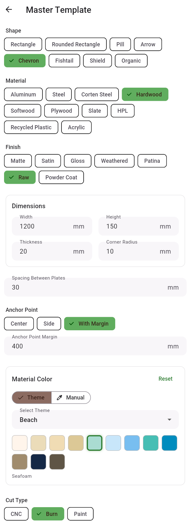 Master Template — dimensions, spacing, and material settings