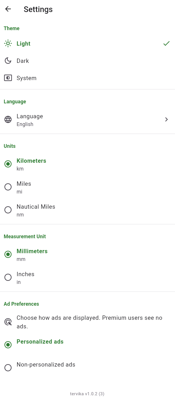 Settings screen — theme, language, units