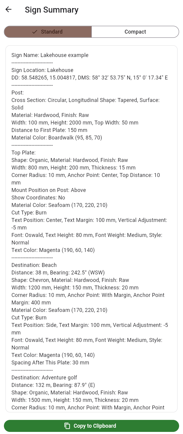 Sign Summary — complete text specification of all sign data