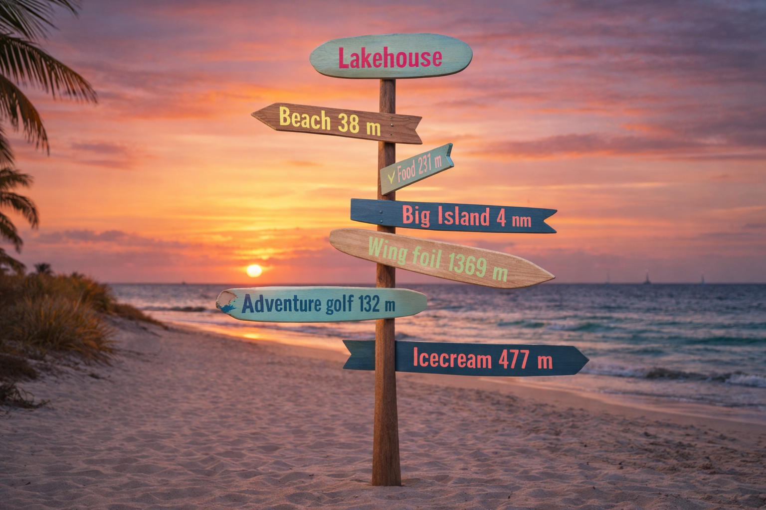 AI-generated beach scene with Lakehouse sign at dramatic sunset