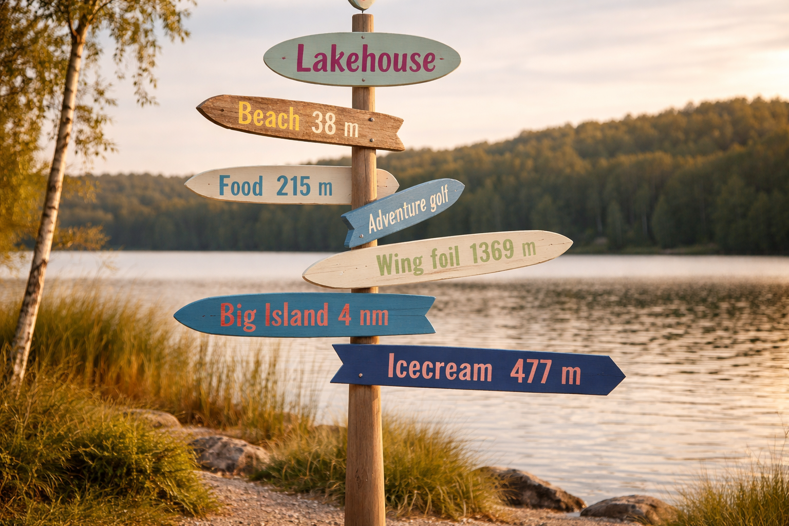 AI-generated lakeside scene with Lakehouse sign at golden hour