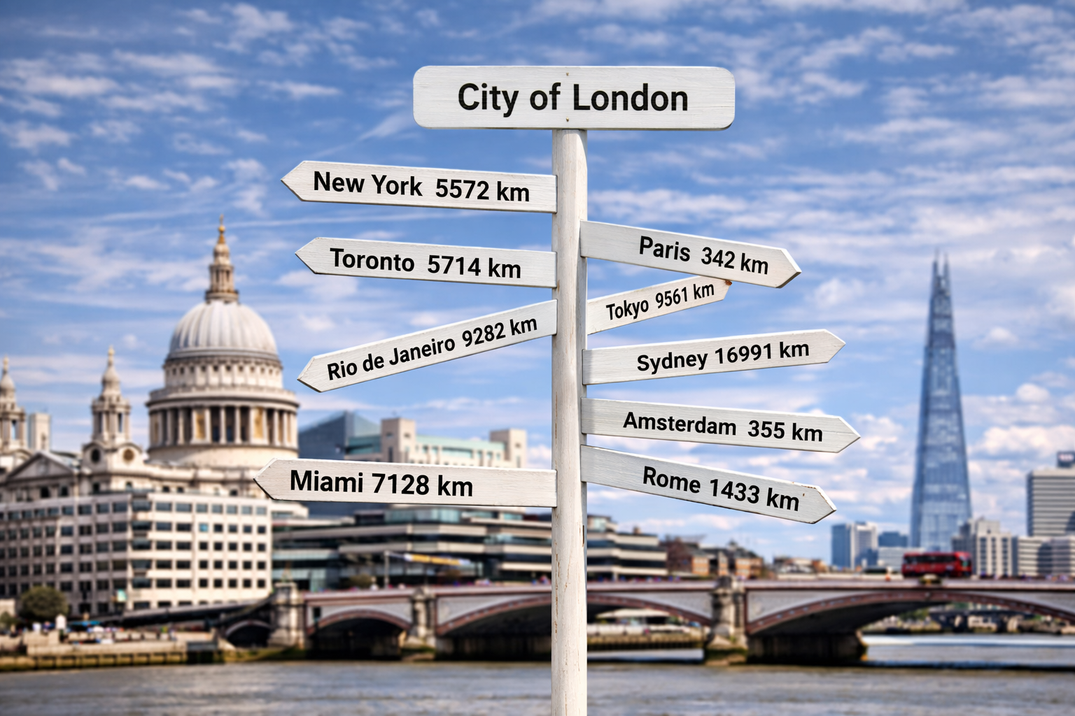 AI-generated London skyline scene with world cities directional sign